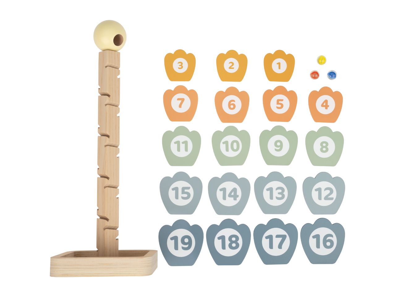 Wooden marble run with numbered target pieces and marbles.