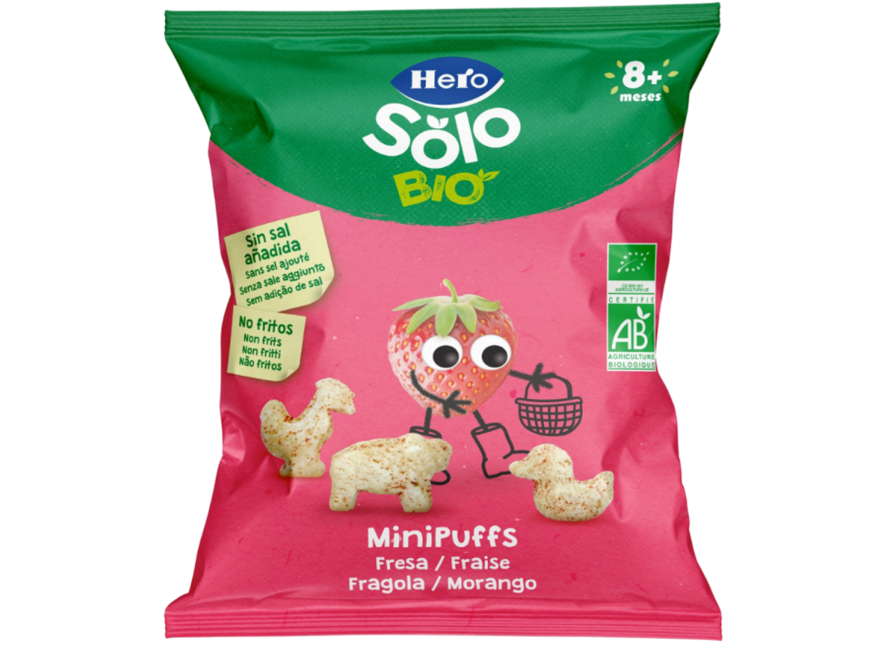 MiniPuffs de morango para bebés a partir dos 8 meses, sem sal adicionado e não fritos.