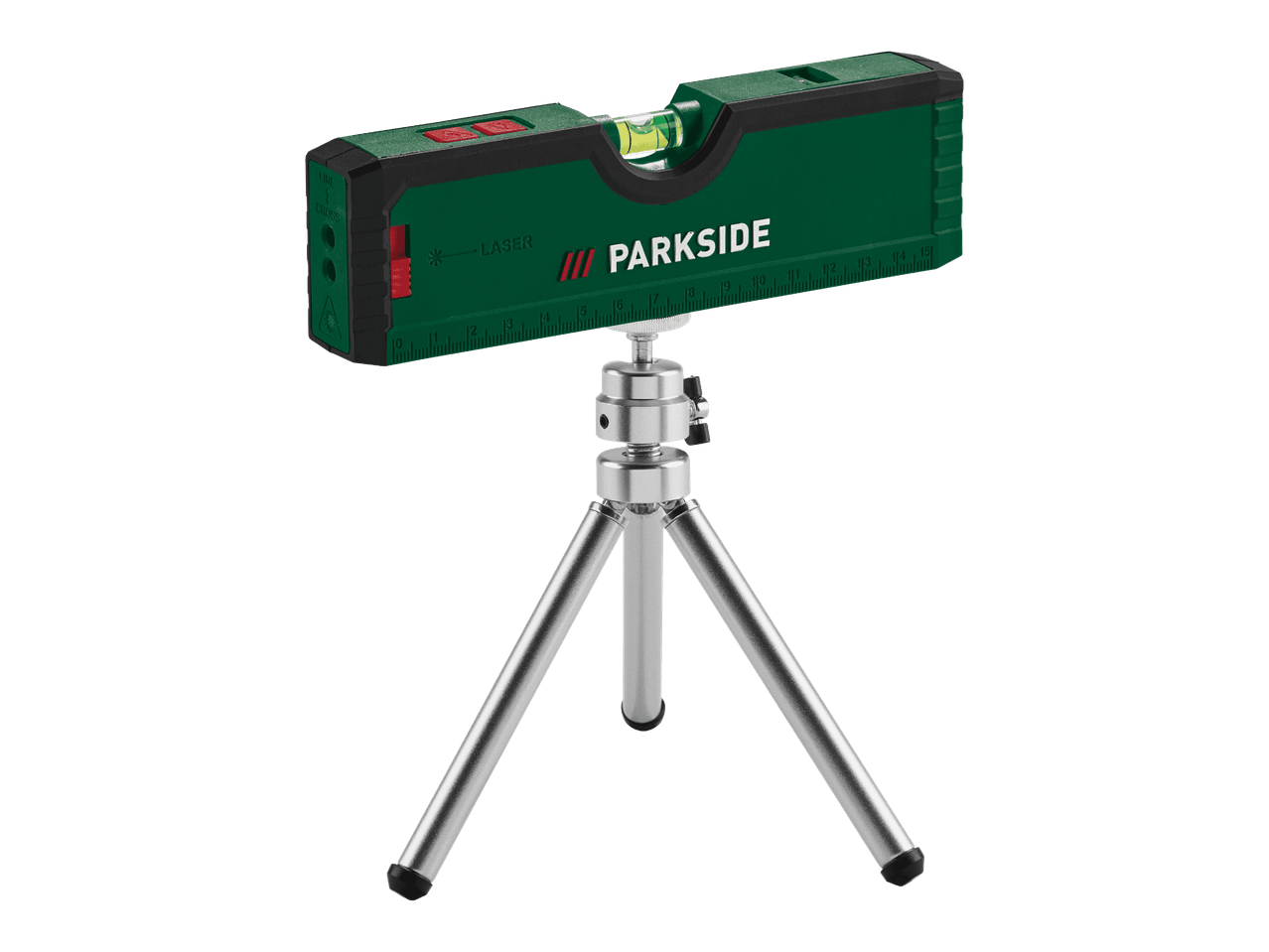 Parkside-lasermittalaitteen ja jalustan lähikuva.