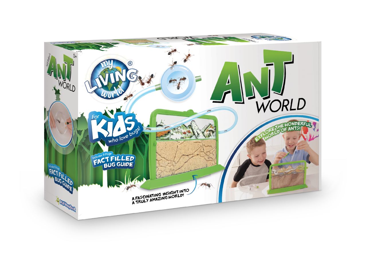 Ant World kit for kids, featuring an ant farm, magnifying glass, and bug guide.