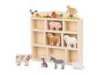 Wooden farm animal play set with a display shelf and various animal figures.