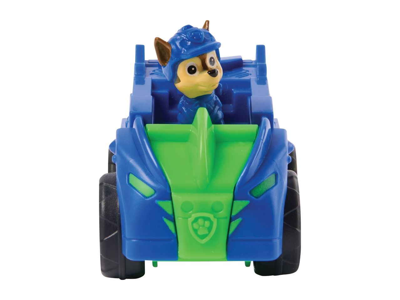 Blue and green toy car with a dog figure wearing a blue helmet.
