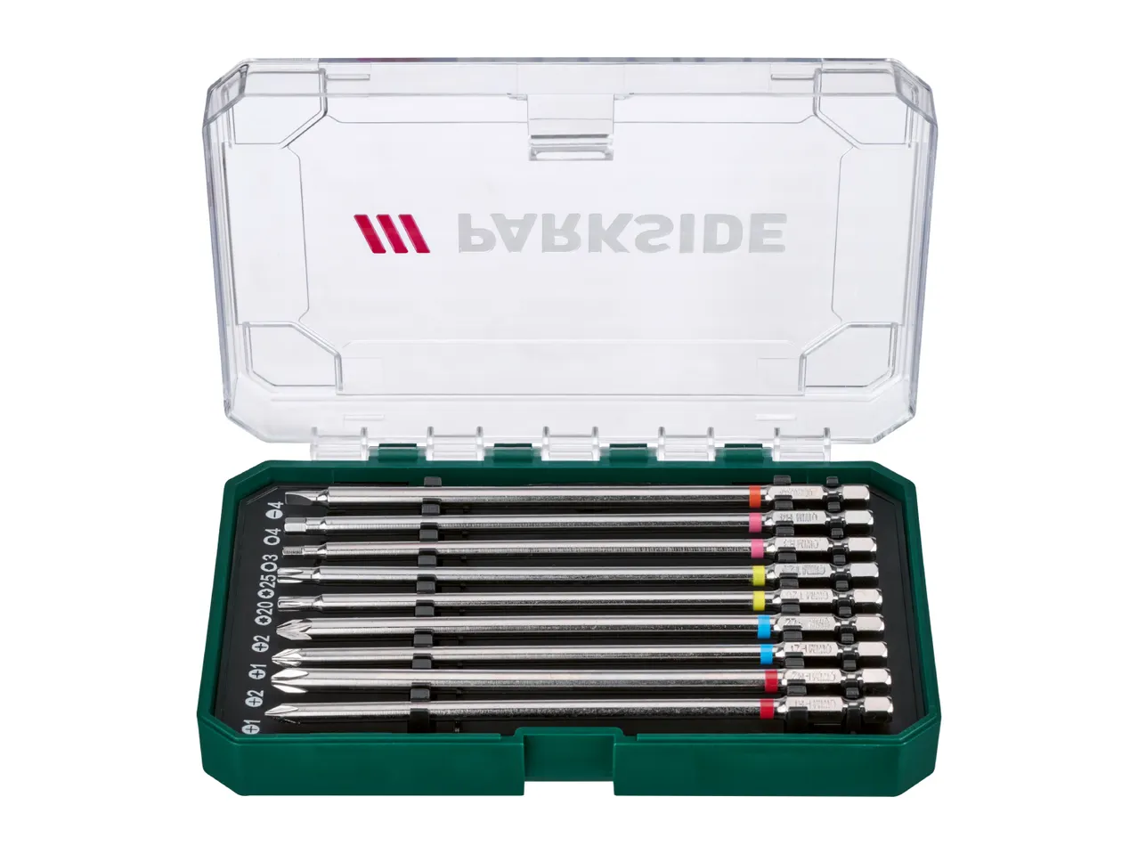 Parkside screwdriver bit set in a clear plastic case.