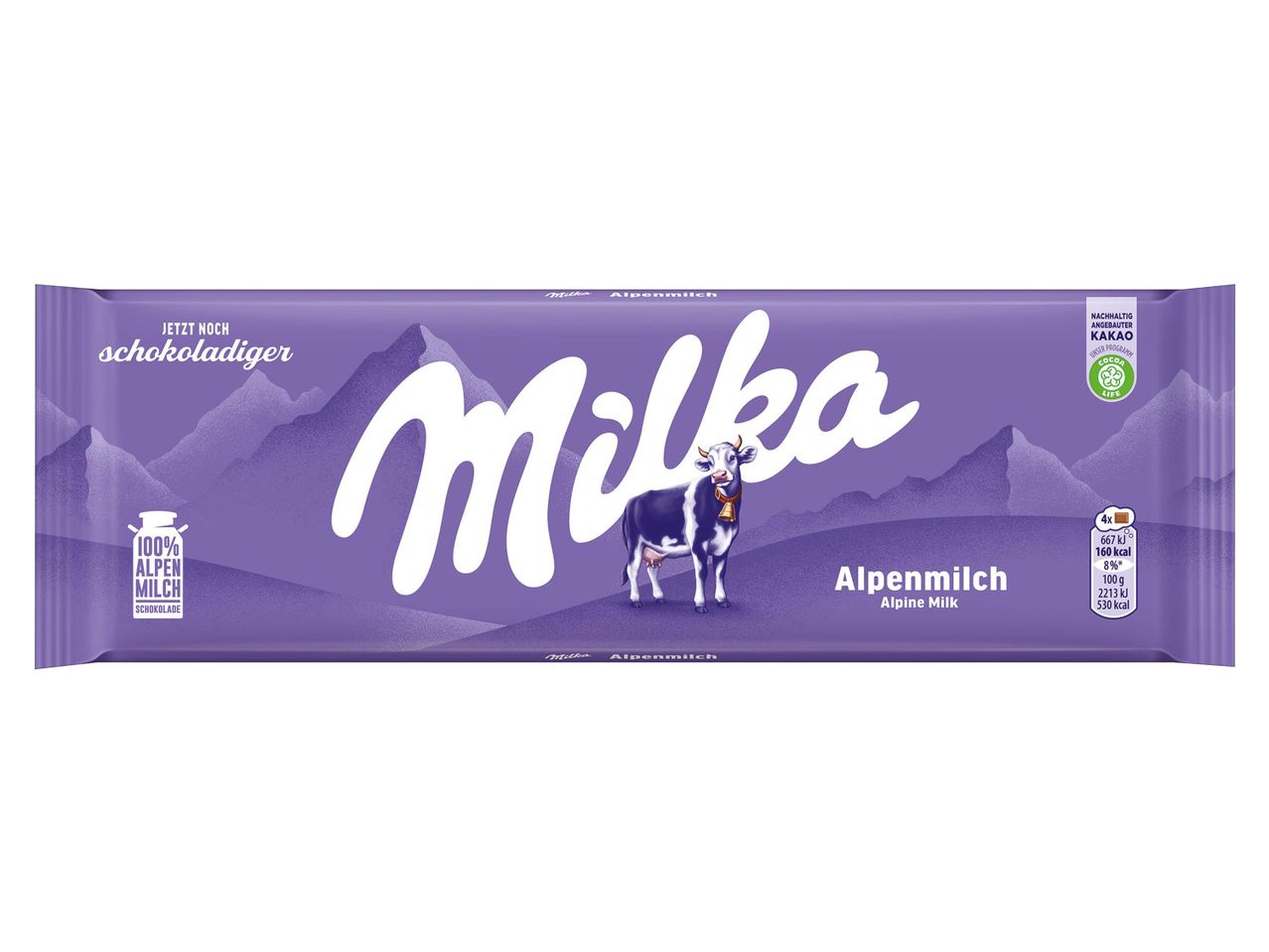 Milka Alpenmilch csokoládé tábla, lila csomagolásban, alpesi tájjal.