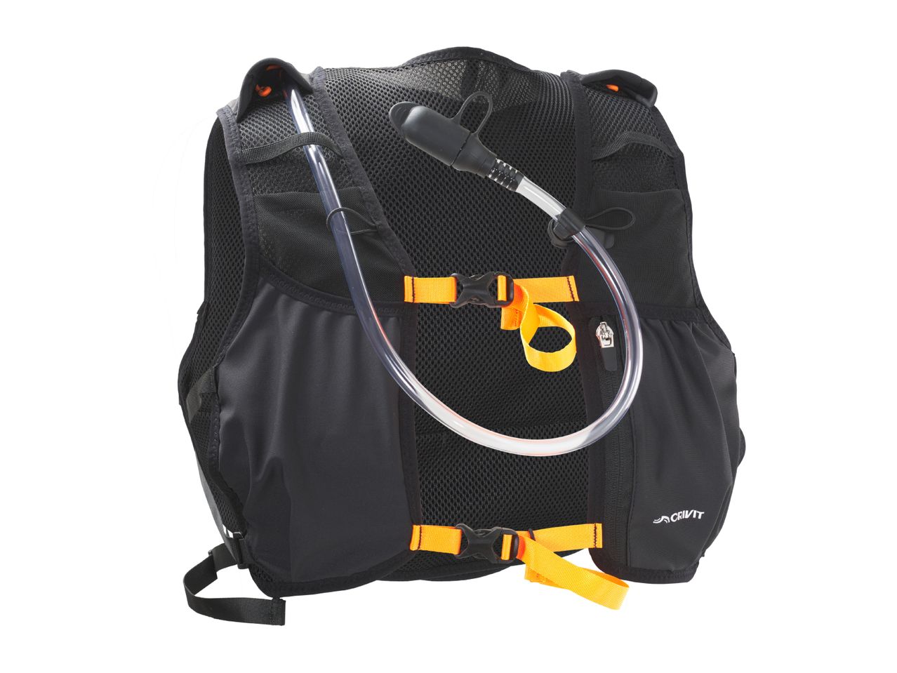 Black hydration vest with orange straps and a clear drinking tube.