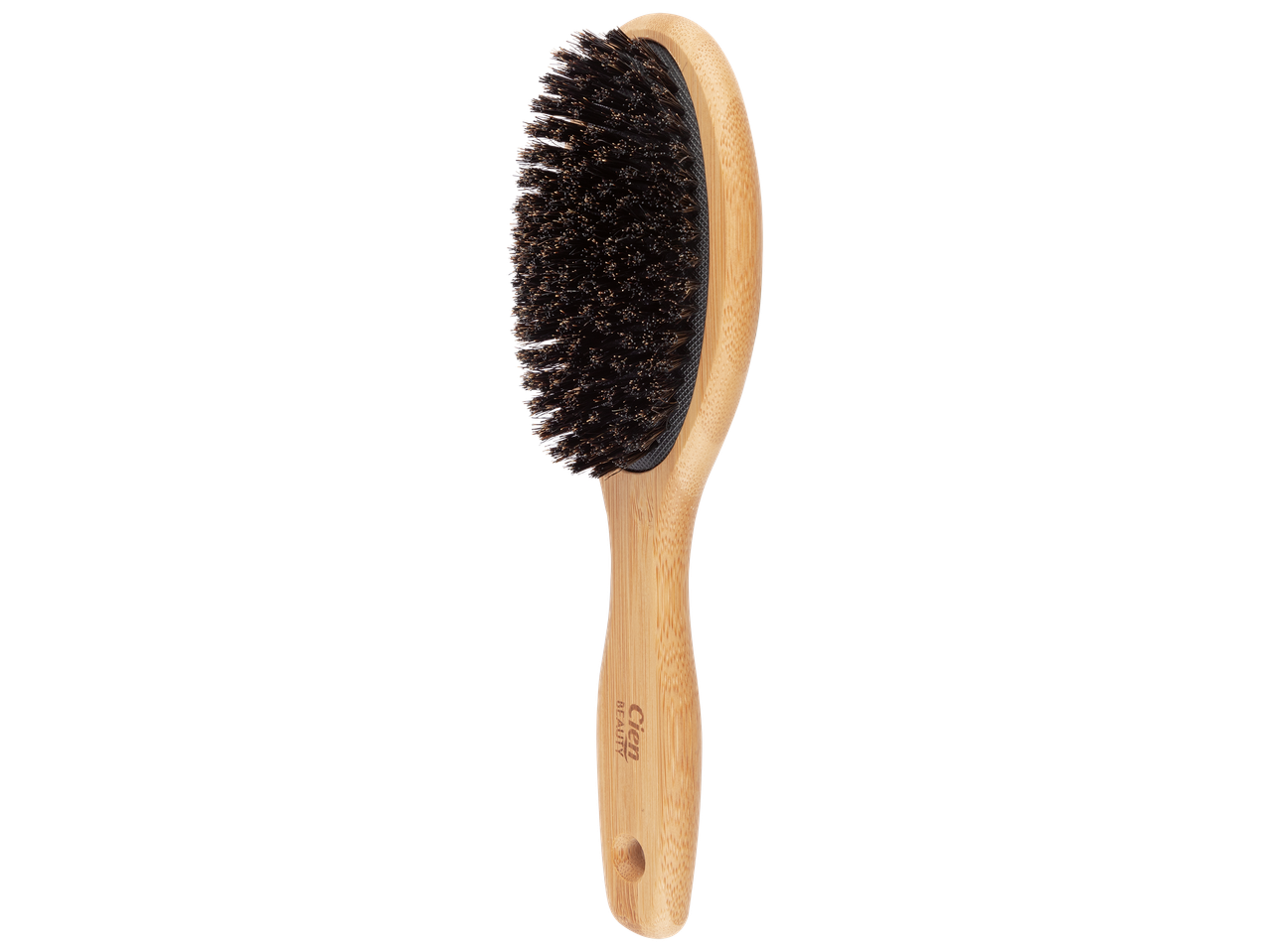 Brosse à cheveux ovale en bois avec poils noirs, vue de côté.