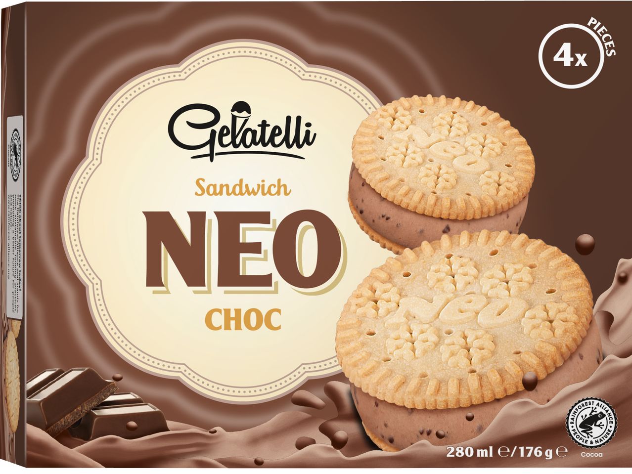 Сладолед Gelatelli Neo Choc: 4 шоколадови сандвича.