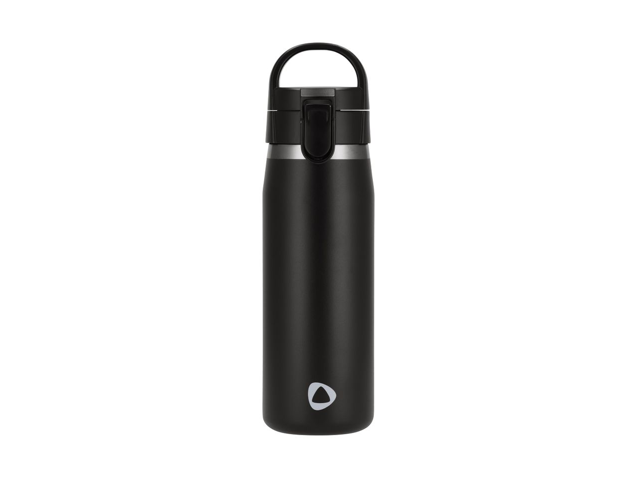Black insulated water bottle with a handle and a white triangular logo.