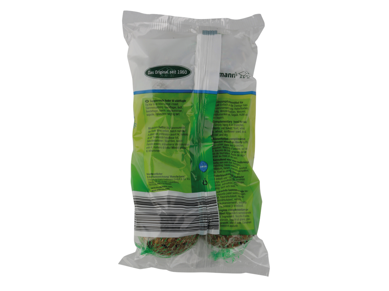 Two Erdmann bird food balls, ready to hang.