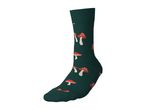 Dark green sock with a red and white mushroom pattern