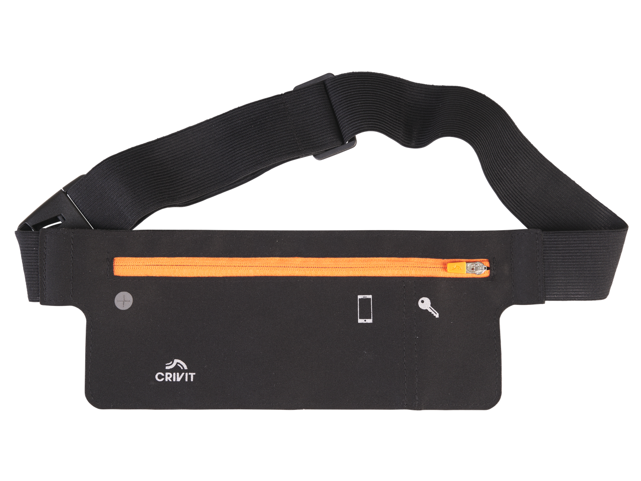 Black running belt with an orange zipper, phone and key icons, and a reflective detail.
