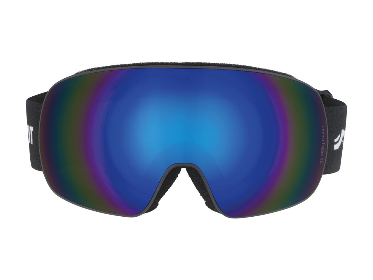 Black ski goggles with a blue iridescent lens and black strap.