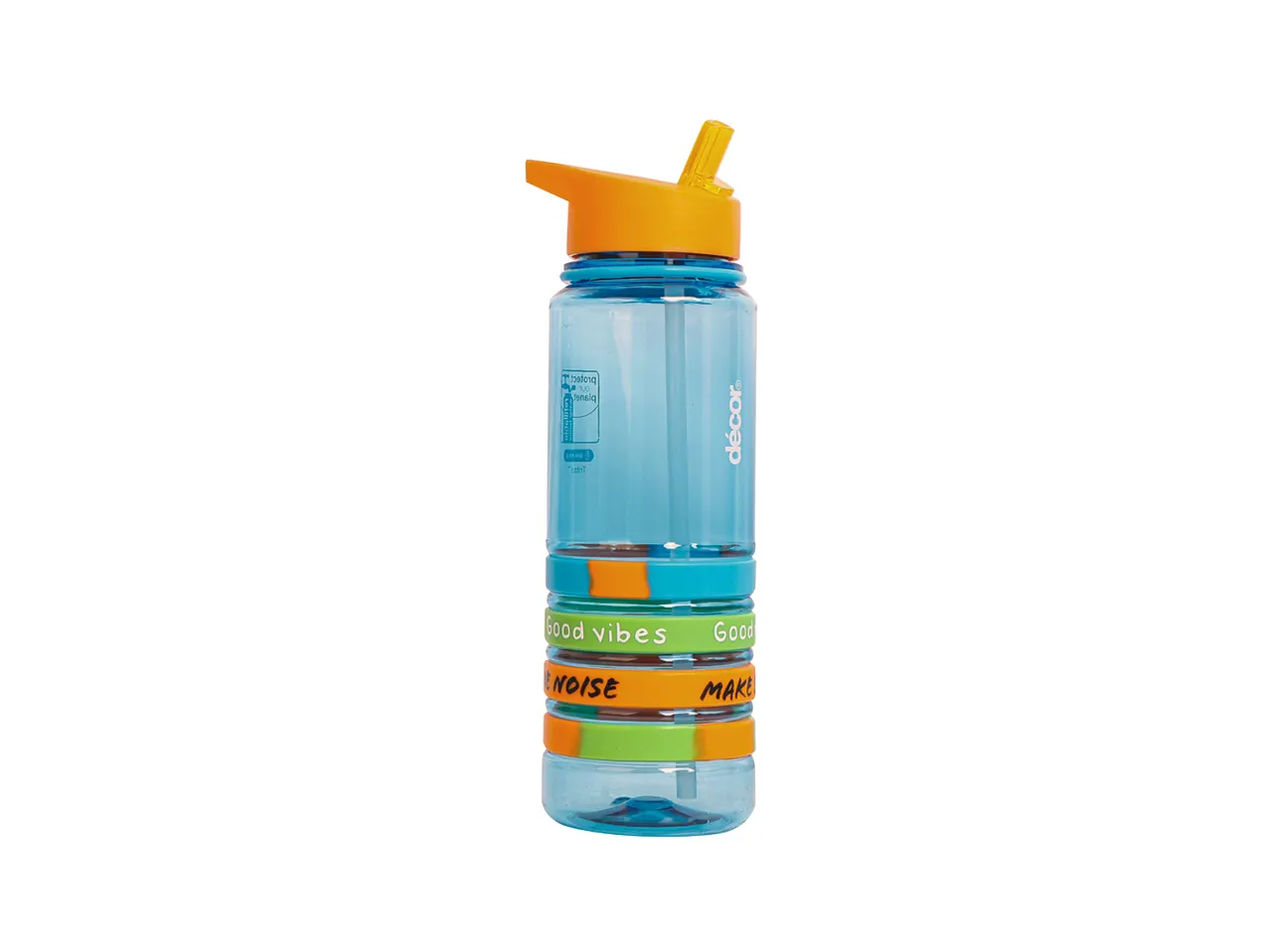 A blue plastic water bottle with an orange lid and straw.