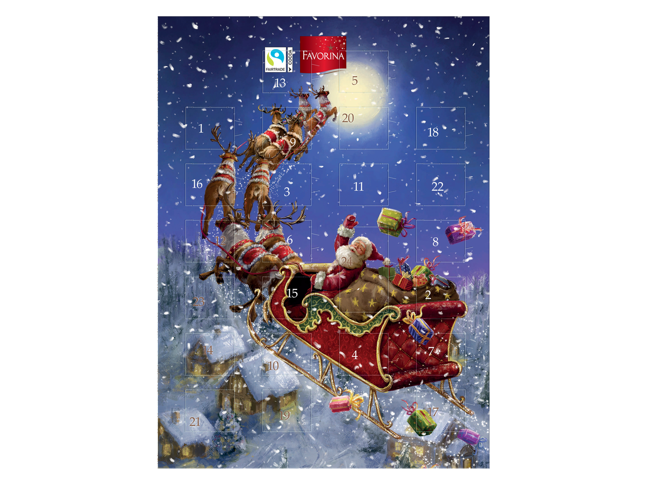 Calendario dell'Avvento Favorina con Babbo Natale e le sue renne che volano su un villaggio innevato.