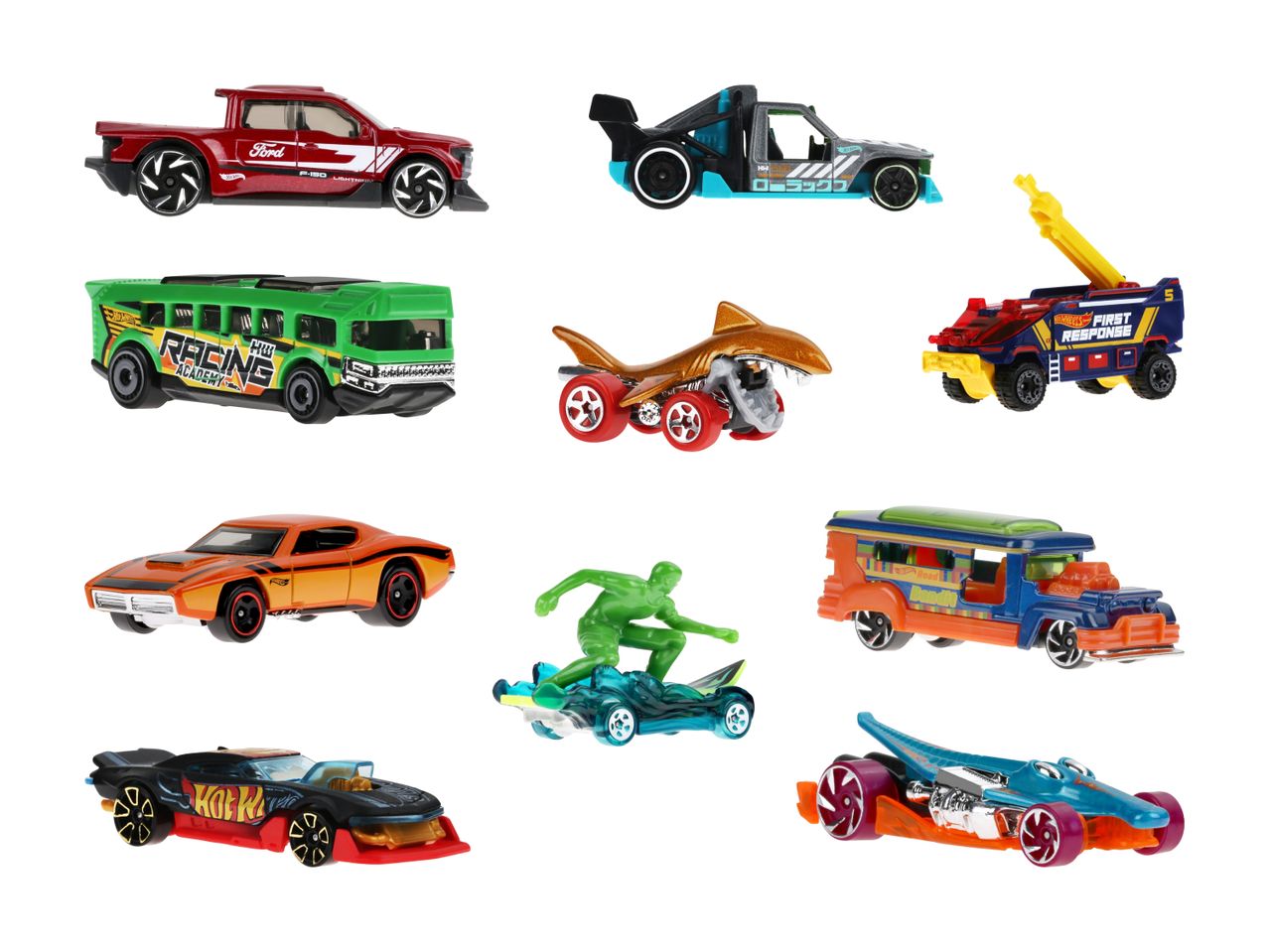 Zwölf Hot Wheels Spielzeugautos in verschiedenen Designs, darunter Trucks, Sportwagen und fantasievolle Fahrzeuge.