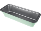 A mint green loaf pan with a dark gray nonstick interior.