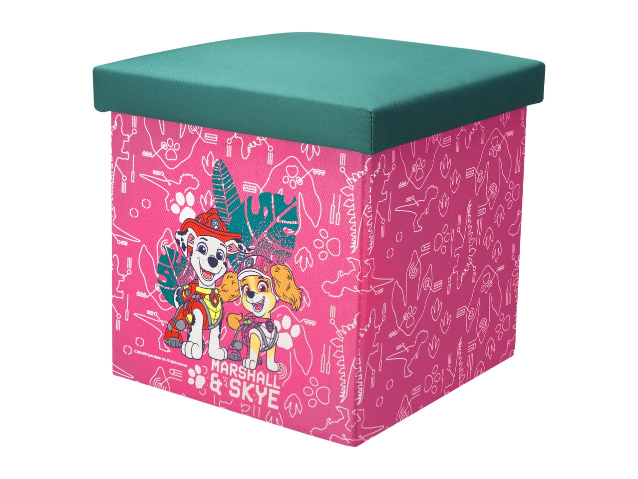 Pink storage ottoman with a green lid, featuring Marshall and Skye from Paw Patrol.