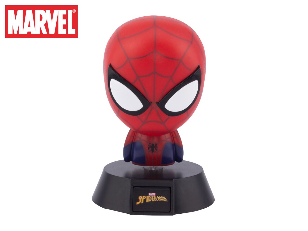 A red and blue superhero character figurine with a black base, featuring a spider emblem.