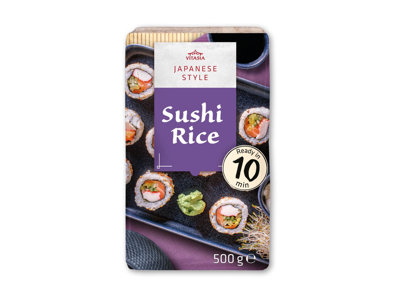 Pakke med sushiris, japansk stil, klar på 10 minutter, med sushi og wasabi.