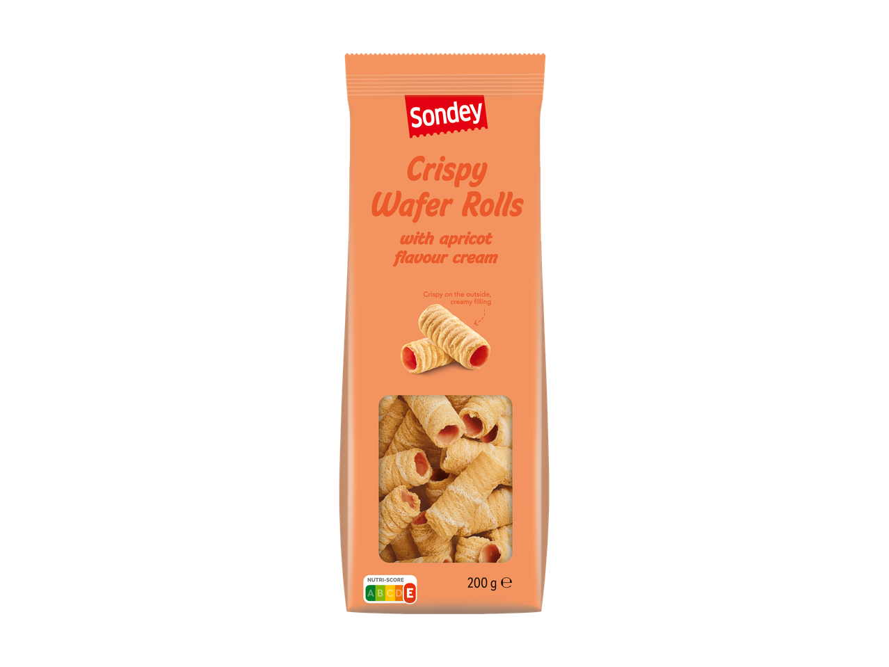 Sondey Crispy Wafer Rolls met abrikozenroom, Nutri-Score E, 200g.