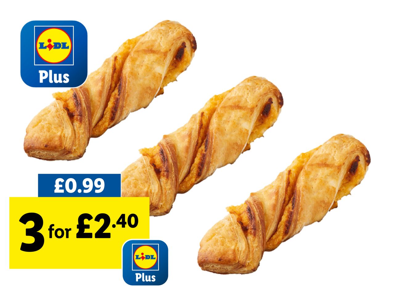 Three Lidl Plus twisted pastries, £2.40 for three, £0.99 each.