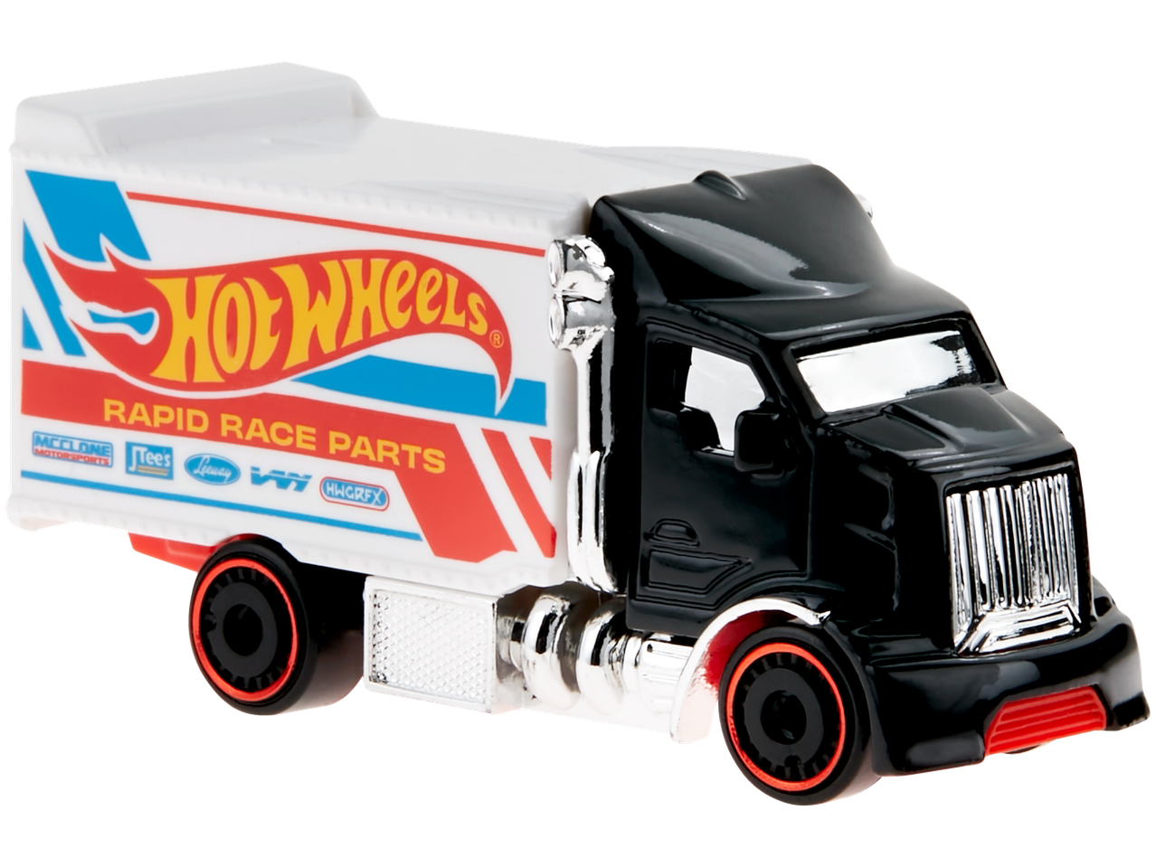 Hot Wheels speelgoedvoertuig, zwarte vrachtwagen met witte aanhanger met Hot Wheels-logo.