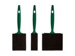 Three green-handled foam paint brushes of varying sizes.