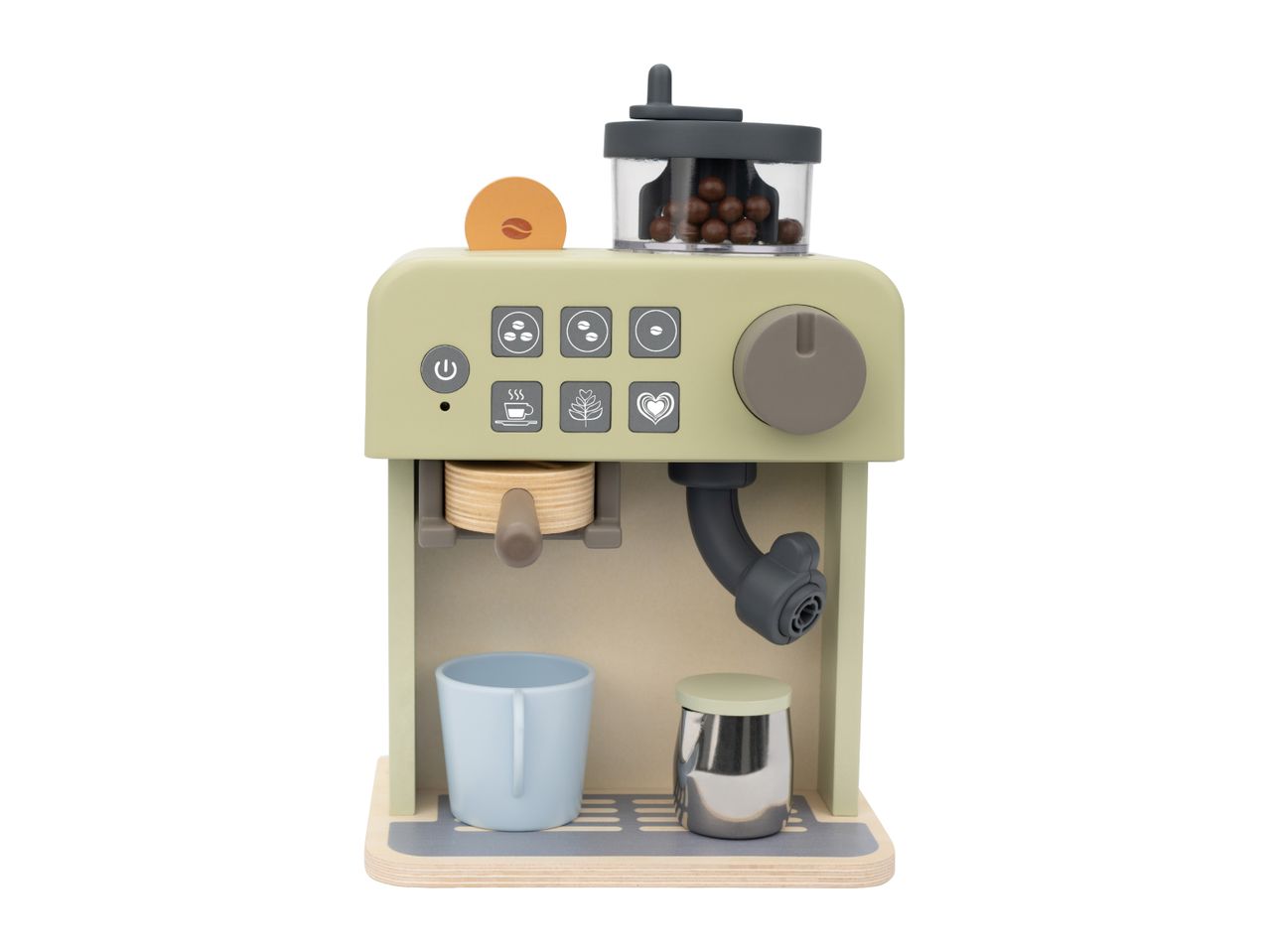 Wooden toy coffee machine with accessories, including a cup and milk frother.