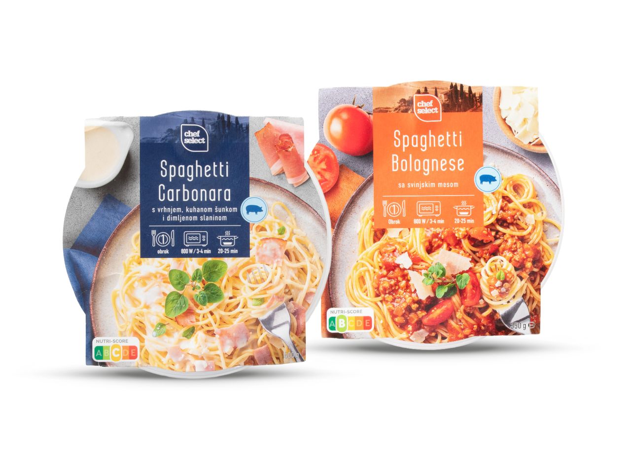 Dva pakiranja Chef Select špageta Carbonara i Bolognese s Nutri-Score oznakama.