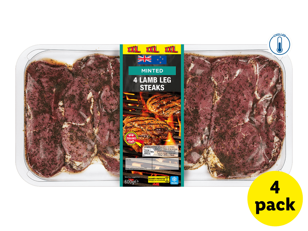Pack of 4 minted lamb leg steaks, 600g, with a 'chilled' label and '4 pack' sticker.