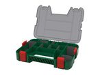 Open green and red organizer box with a transparent lid and multiple compartments.