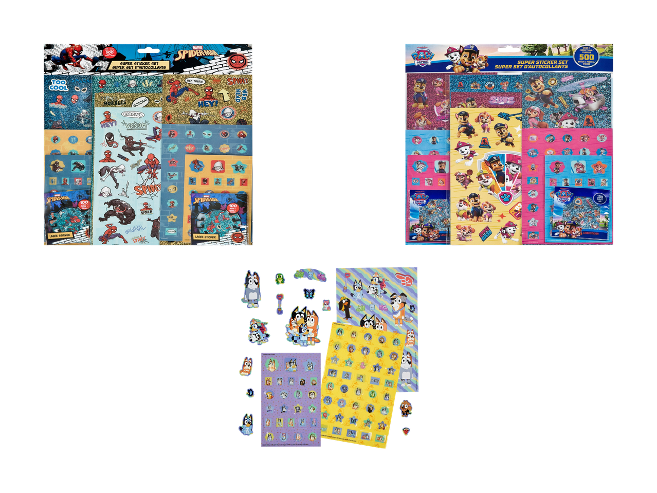 Ensembles d'autocollants avec des motifs Spider-Man, Pat' Patrouille et Bluey.