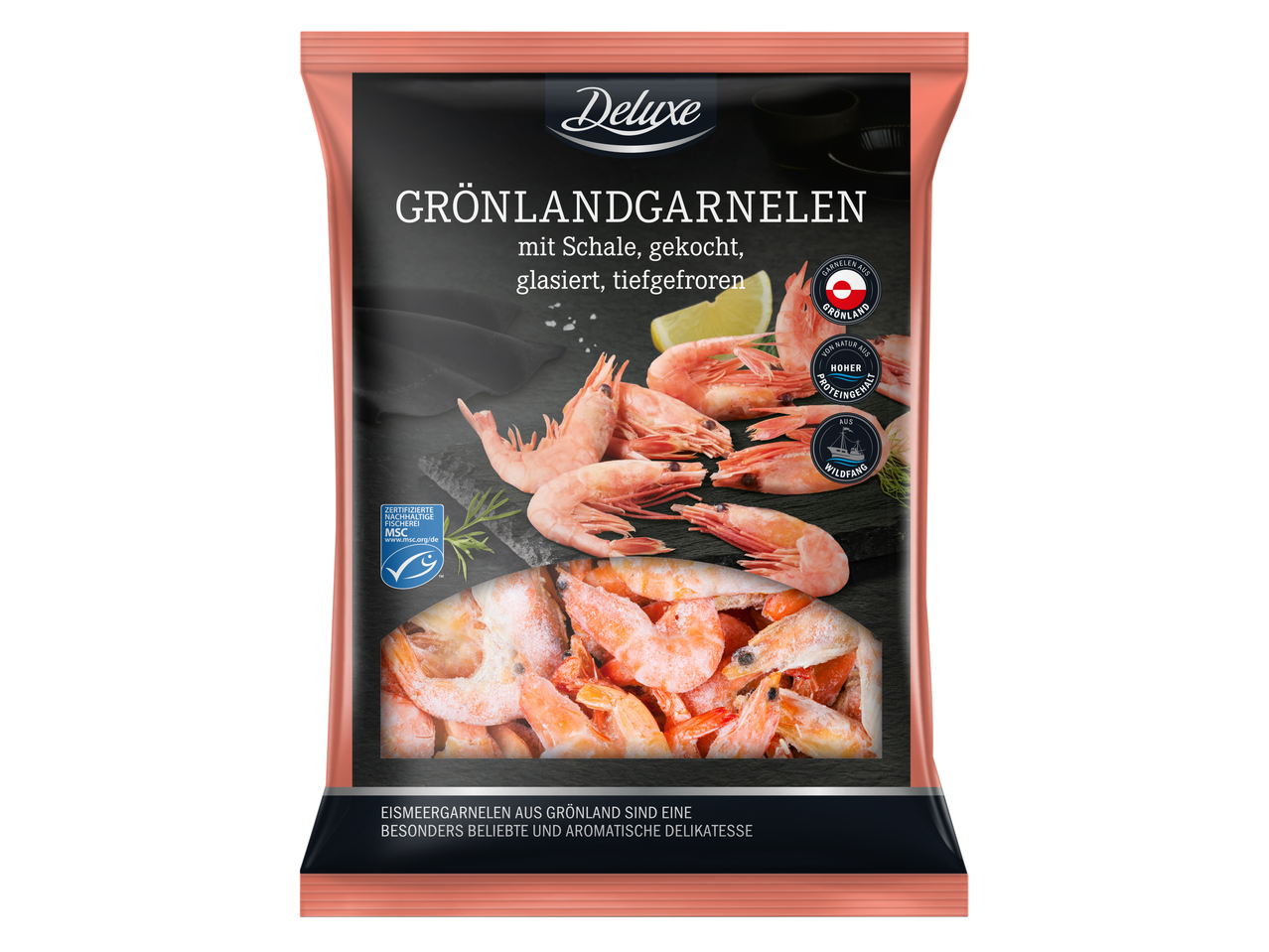 Deluxe Grönlandgarnelen: Gefrorene Garnelen mit Schale aus nachhaltiger Fischerei.