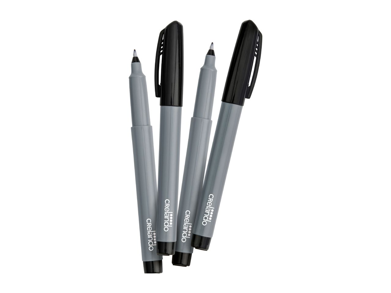 Four grey markers with black caps, some with visible tips, arranged diagonally.