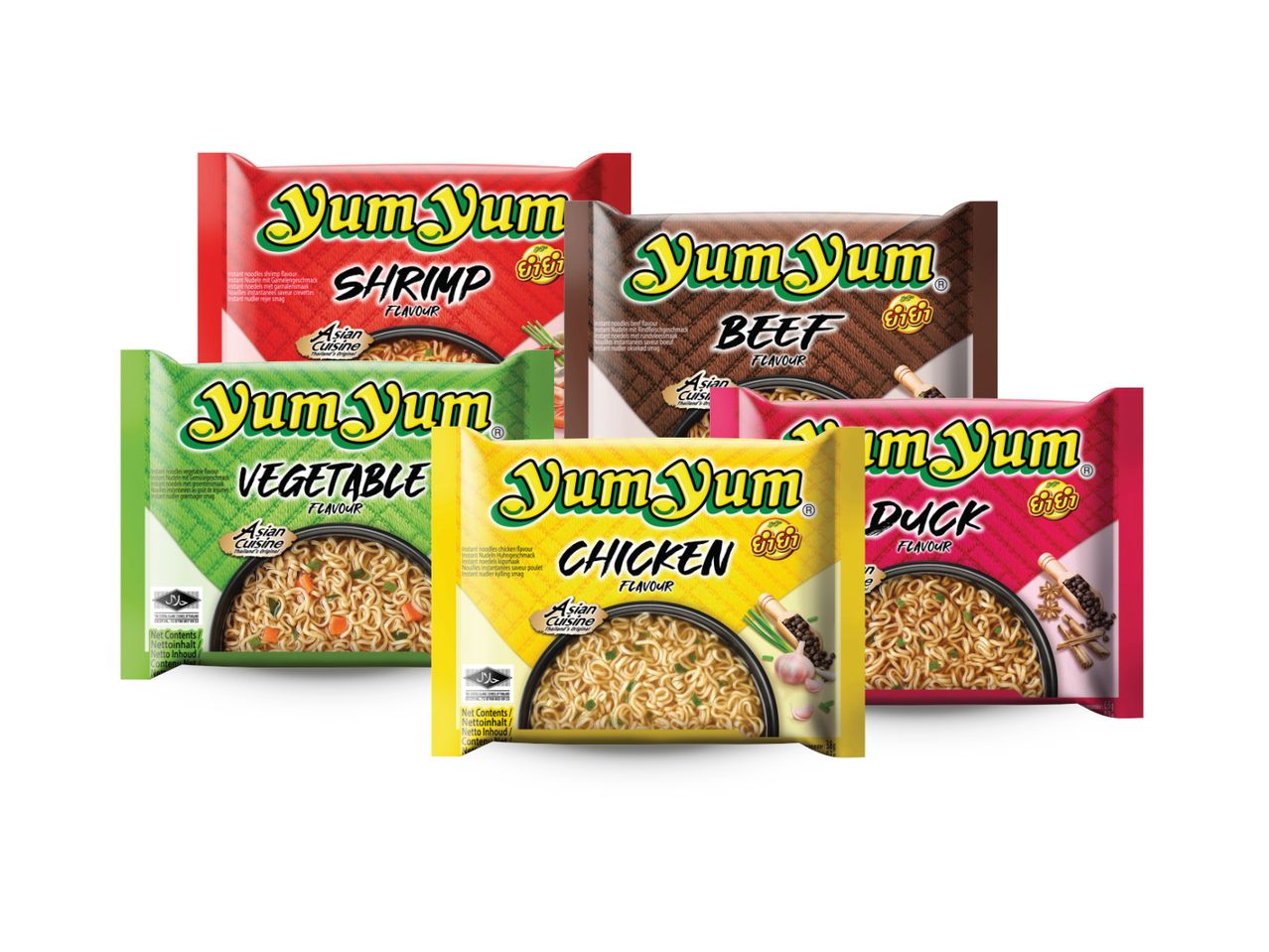 Pet različitih okusa instant rezanaca Yum Yum: škampi, govedina, povrće, piletina i patka.