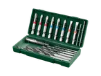 Drill bits and screwdriver bits set in a green case.