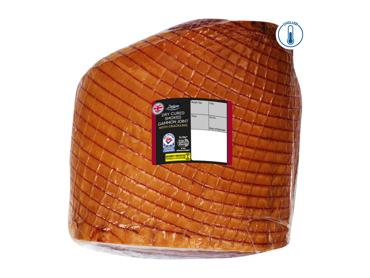Dry cured smoked gammon joint with crackling, chilled and security protected.