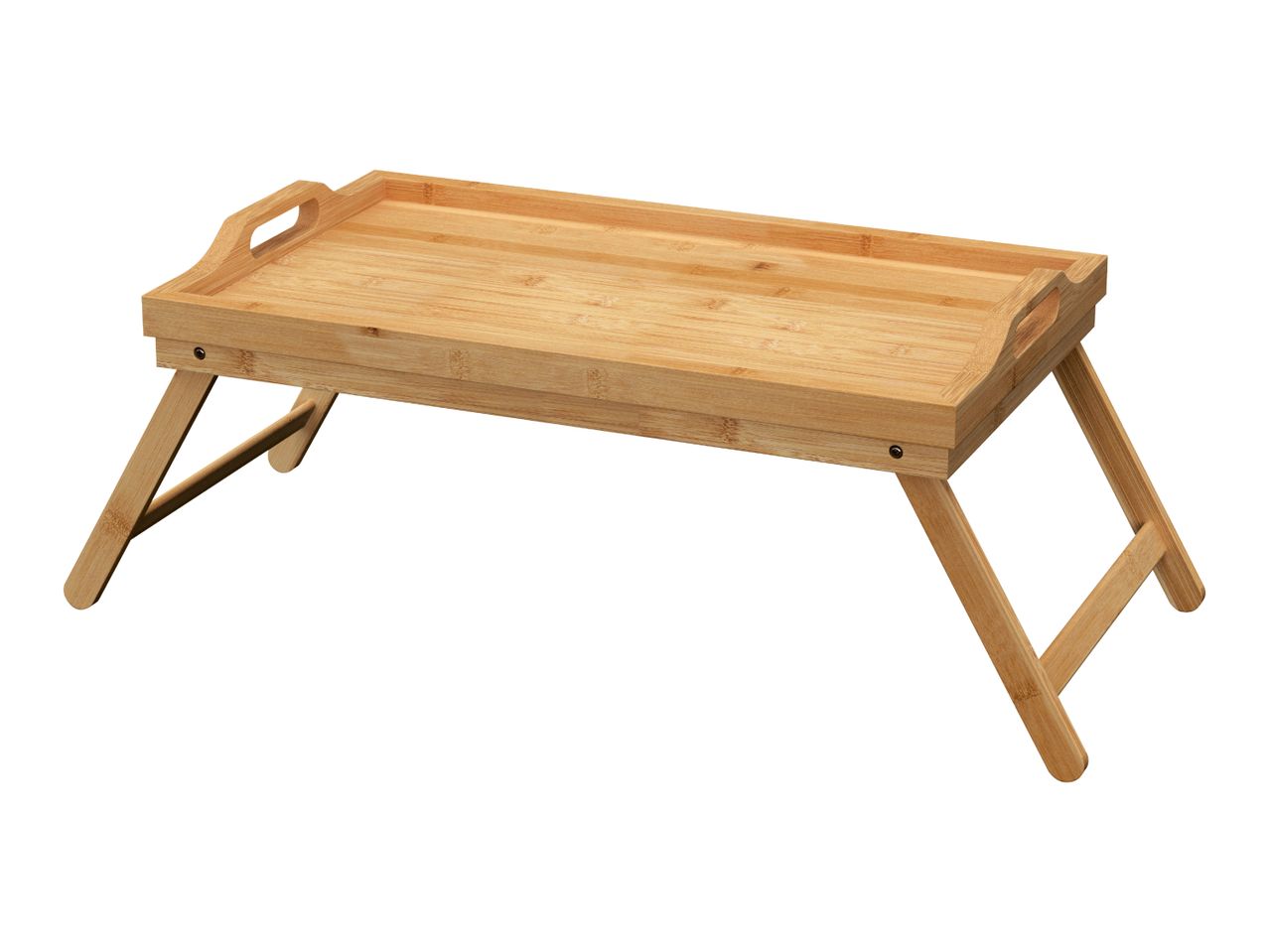 Bamboo breakfast tray with foldable legs and handles, isolated on white.