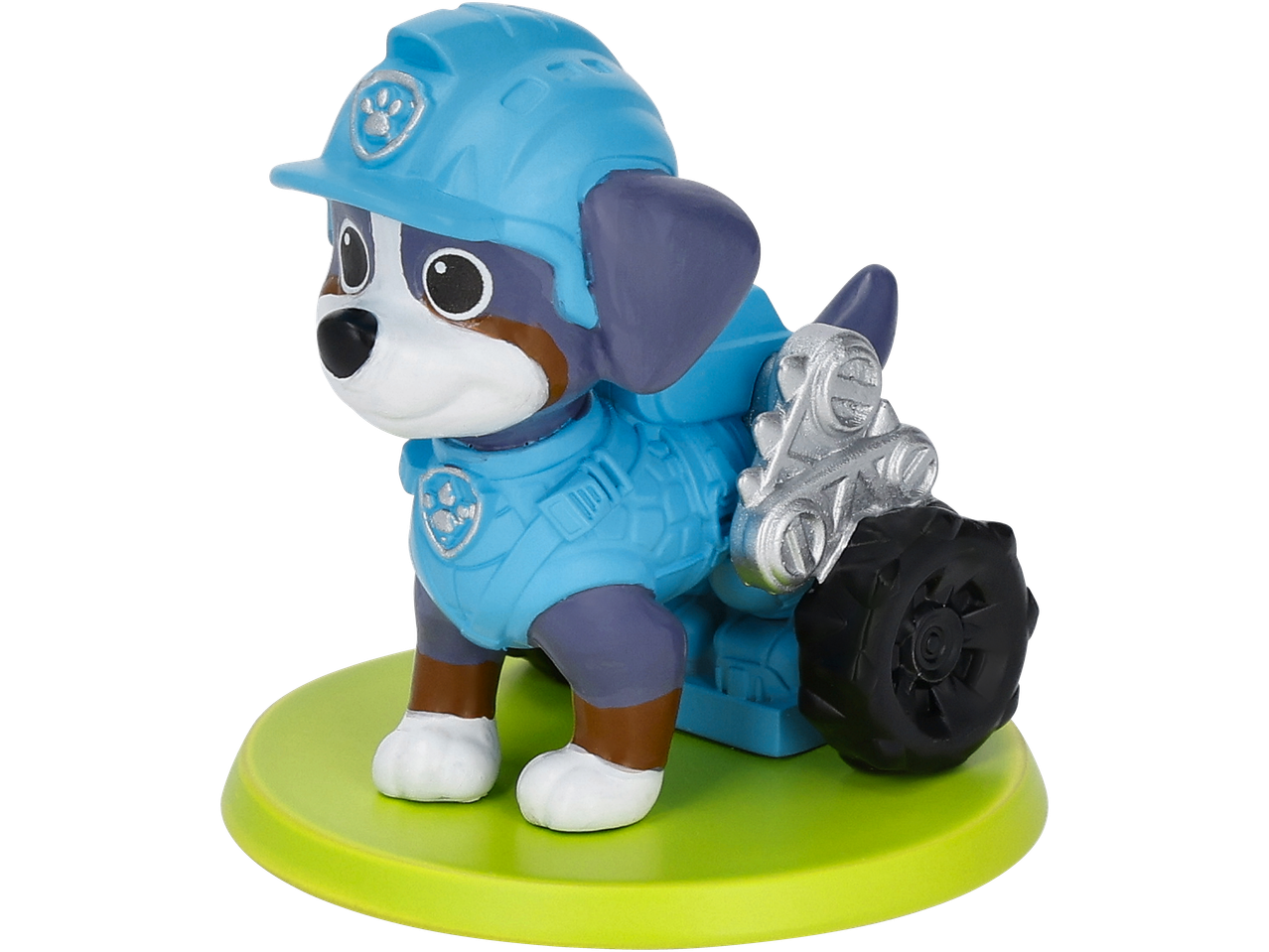 Figura de cachorro azul com capacete de construção e mochila prateada numa base verde.