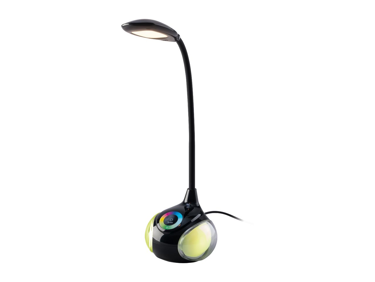Black LED desk lamp with a flexible neck and a colorful light base.