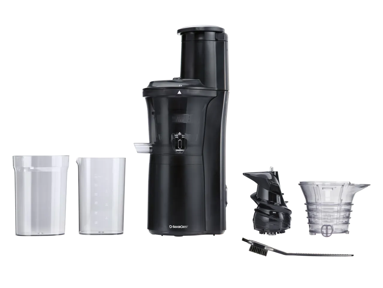 Silvercrest® lėtaeigė sulčiaspaudė su priedais: du indai, sraigtas, sietelis ir valymo šepetėlis.