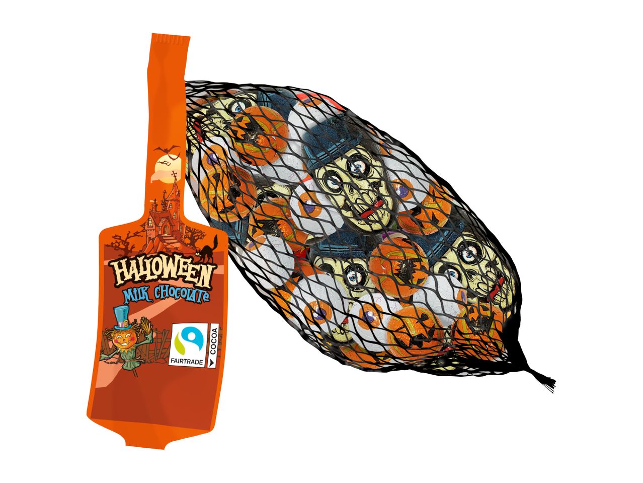 A mesh bag of Halloween milk chocolates with spooky skull, pumpkin, and eyeball designs.
