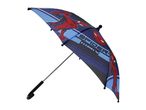A blue and black Spider-Man umbrella with a red and blue Spider-Man graphic.