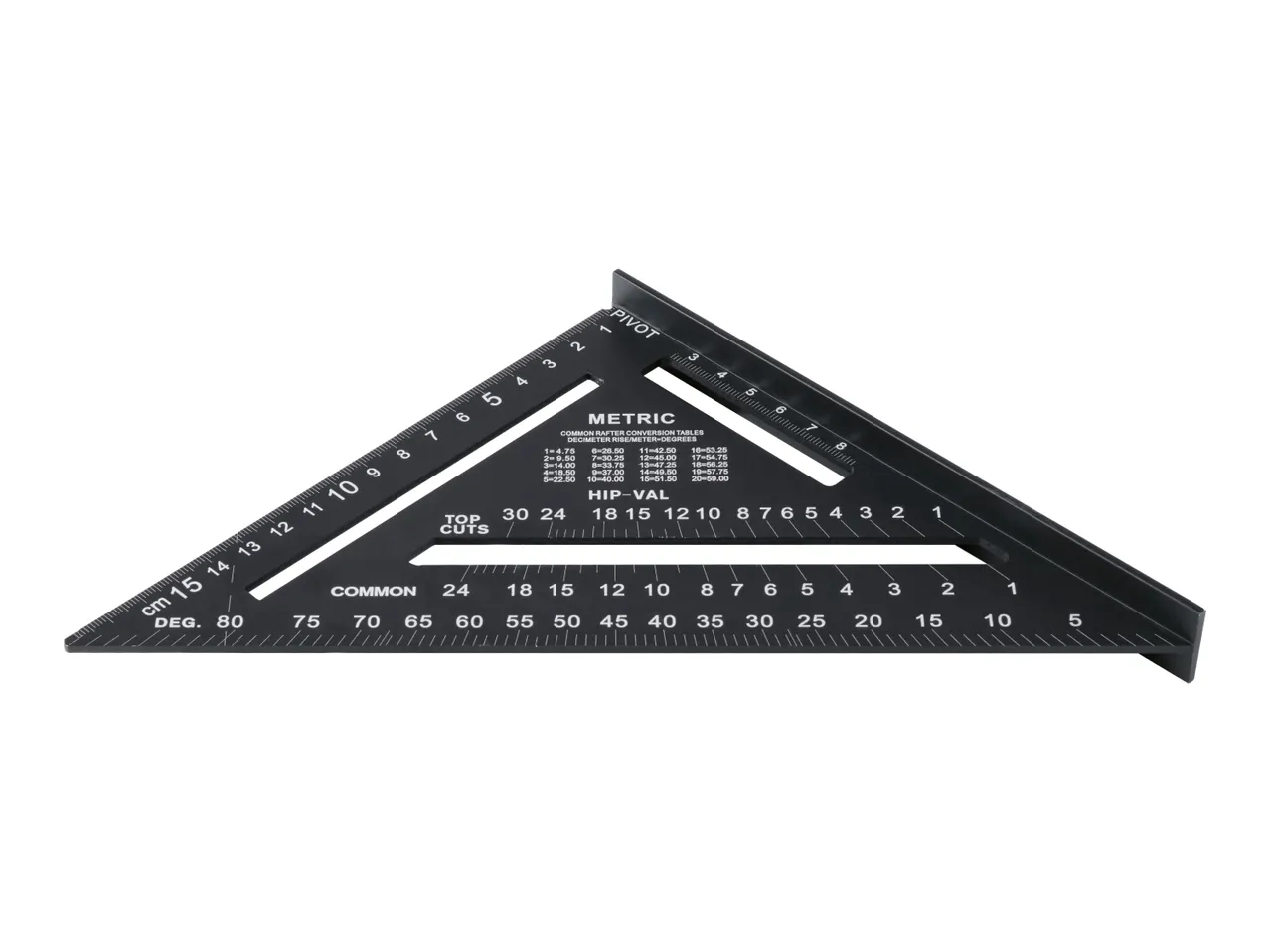 Black metric speed square with common rafter conversion tables.