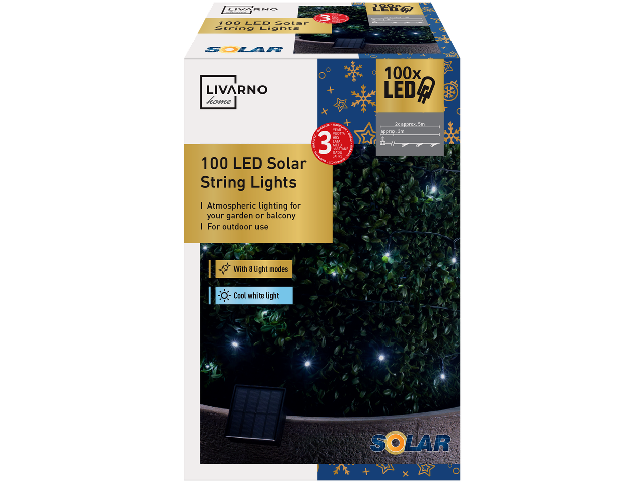 LIVARNO HOME 100 LED saulės energija įkraunamos girliandos su 8 režimais ir šalta balta šviesa.