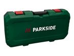 Green tool case with red latches and a black handle, featuring a white logo on the front.