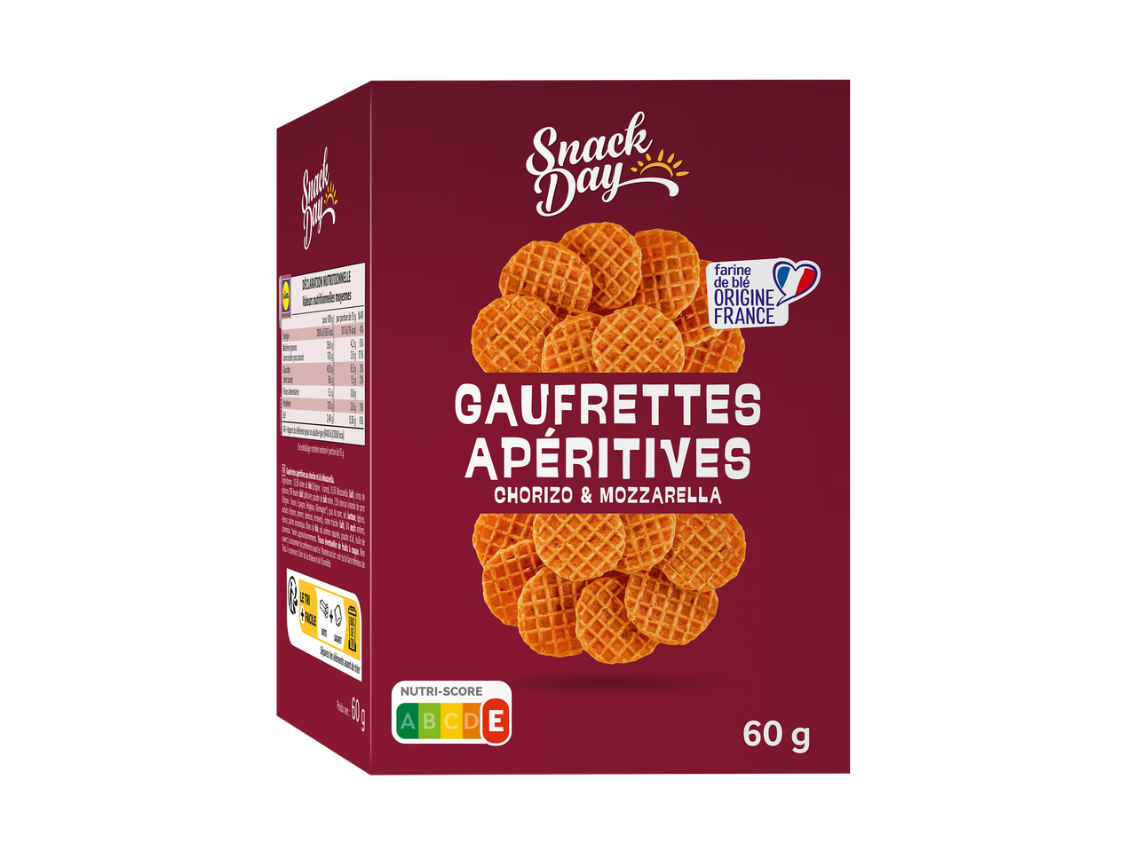 Gaufrettes apéritives au chorizo et mozzarella, Nutri-Score E, 60g.