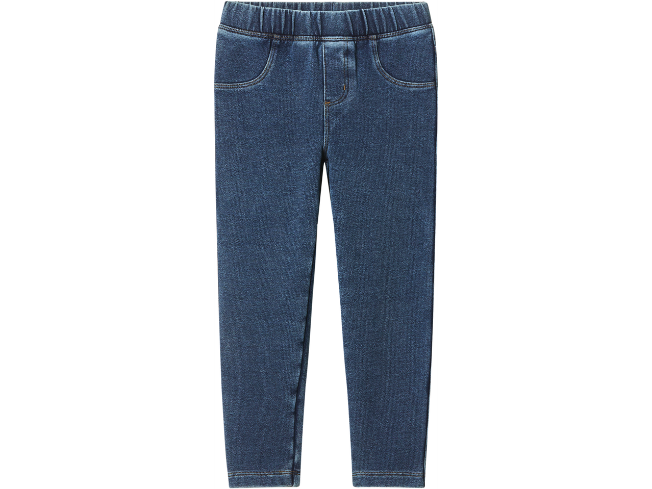 Tamnoplave dječje traper tajice s elastičnim pojasom i lažnim džepovima.