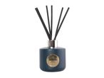 Dark Embers reed diffuser with black reeds in a dark blue bottle