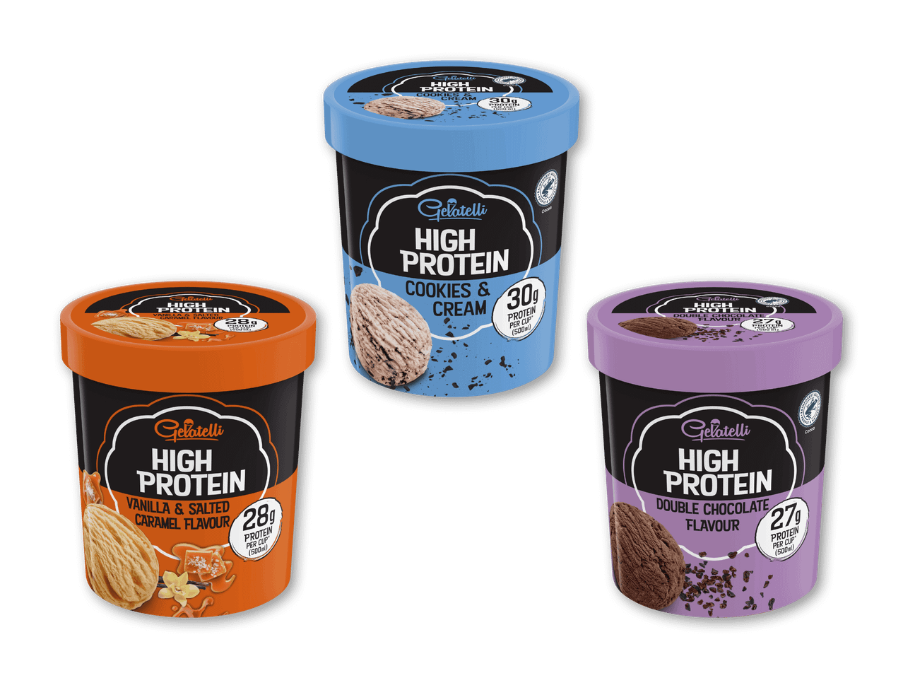 Tre beholdere med højprotein-is i smagsvarianterne vanilje & saltkaramel, cookies & cream og dobbelt chokolade.